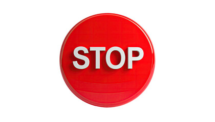 Round, glossy red stop sign, with white letters on a black background