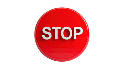 Round, glossy red stop sign, with white letters on a black background