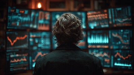 Intense trader analyzing dynamic stock market charts on multiple glowing screens in a dark, high-tech control room environment