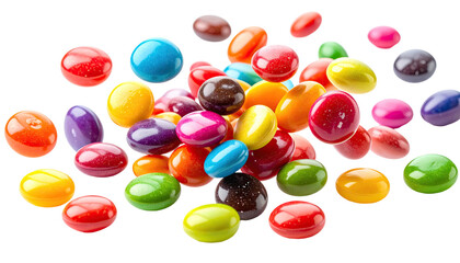 Assorted colorful candy coated drops, scattered and piled high