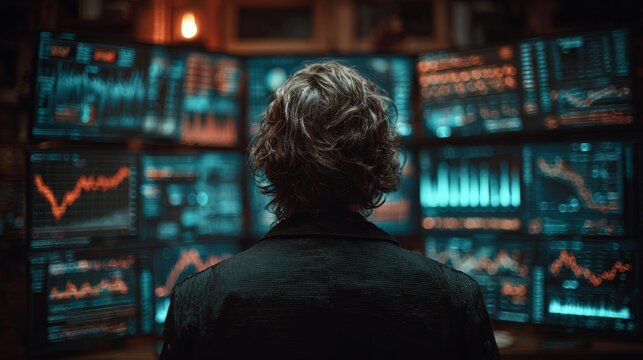 Intense trader analyzing dynamic stock market charts on multiple glowing screens in a dark, high-tech control room environment
