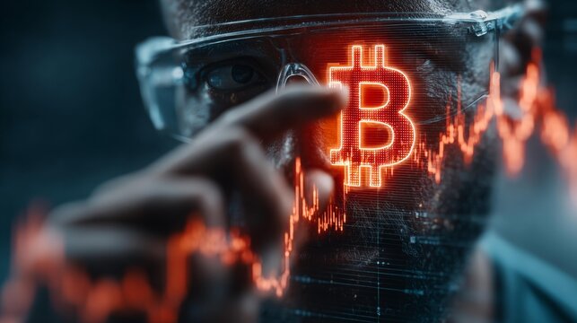 Intense focus on glowing Bitcoin symbol amidst volatile crypto market charts, representing financial analysis and digital currency trading.