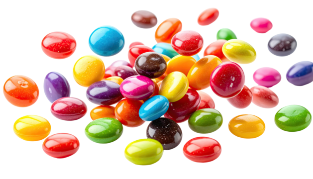 Assorted colorful candy coated drops, scattered and piled high