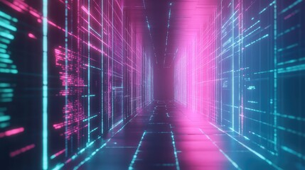 Immersive digital data tunnel with neon grid lines