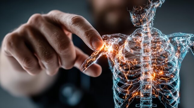 Human anatomy illuminated by vibrant energetic pathways, a doctor's finger points to a glowing joint, symbolizing healing and advanced medical insight