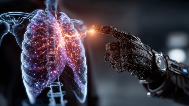 Futuristic robotic hand touching glowing digital lungs, symbolizing medical innovation and advanced healthcare technology integration.
