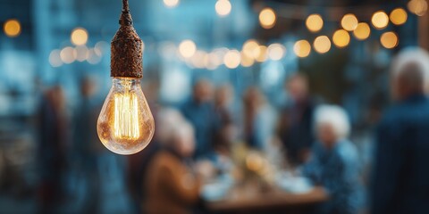 Close-up of illuminated vintage light bulb, hanging above blurred group of people, suggesting a meeting or brainstorming session, symbolizing ideas, innovation and teamwork. High quality