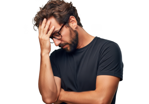 A distressed man with a beard and glasses holds his head in his hand showing frustration and worry isolated on transparent background