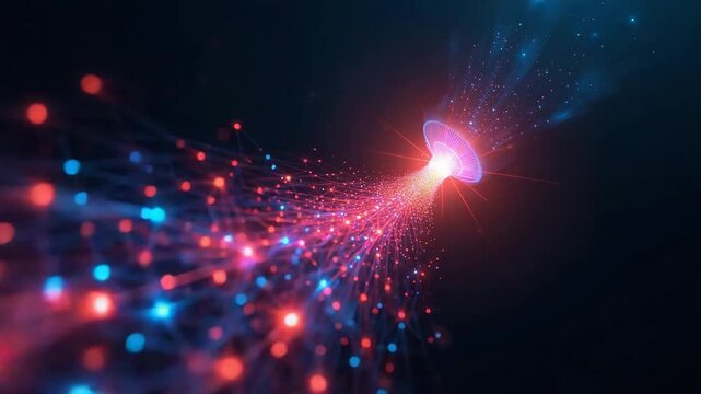Digital Data Stream: A visualization of a digital data stream, illustrating the flow of information through a network. Bright red and blue particles burst forth from a central point.