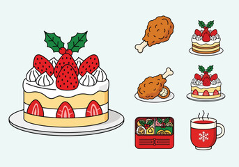 A collection of festive food illustrations including cake, fried chicken, and tea.