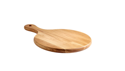 Round wooden cutting board with handle, isolated on black