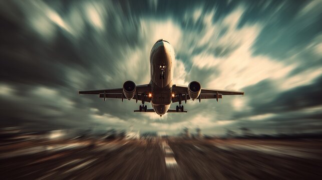 soaring high: An airplane takes off from the runway, reaching for the cloudy sky, and the powerful engines carrying it aloft. - Powered by Adobe