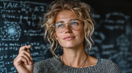Brilliant young woman with freckles writing equations on a chalkboard, a moment of inspiration, perfect for education and modern science concepts