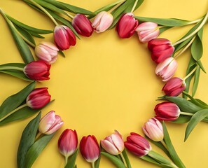 a vibrant circular arrangement of red and pale pink tulips with long green stems lies against a solid yellow background creating a floral wreath