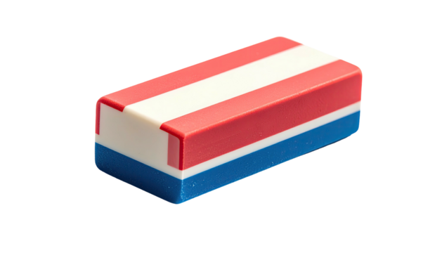 Rectangular eraser, blue, white, and red layers