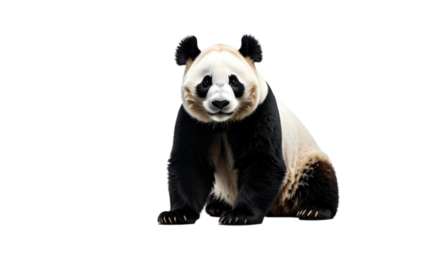 Front facing panda isolated on black background, sitting upright