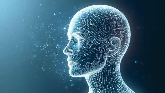 Digital Mindscape: An ethereal, translucent representation of a human head, composed of intricate digital lines, floats gracefully against a backdrop of glowing particles.