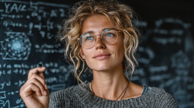 Brilliant young woman with freckles writing equations on a chalkboard, a moment of inspiration, perfect for education and modern science concepts
