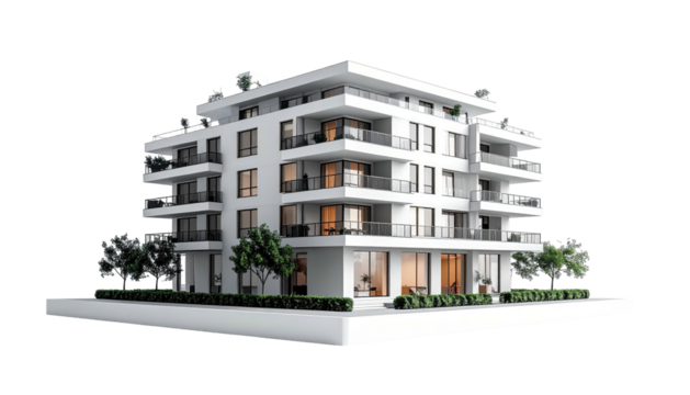 Modern white apartment building with balconies on black