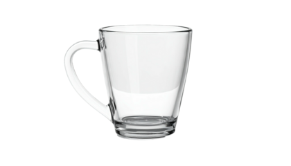 Simple clear glass mug, rounded handle, slight taper