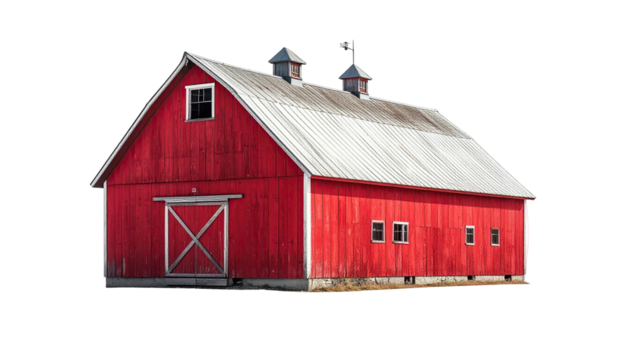 Bright-red barn with silver roof, twin cupolas, isolated image