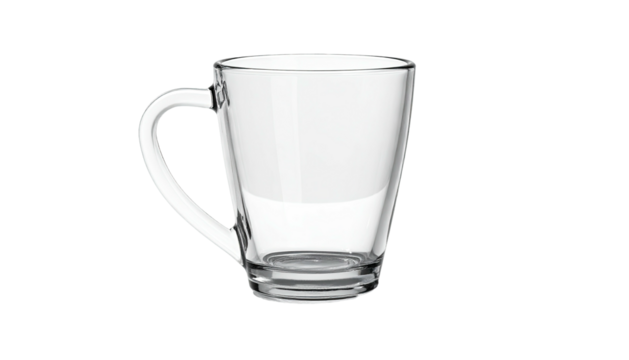 Simple clear glass mug, rounded handle, slight taper
