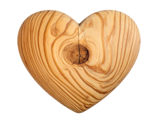 Close-up of a wooden heart on a transparent background, showcasing detailed grain patterns and a natural aesthetic
