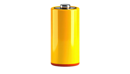 Upright yellow battery with red band on black background