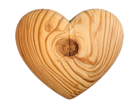 Close-up of a wooden heart on a transparent background, showcasing detailed grain patterns and a natural aesthetic