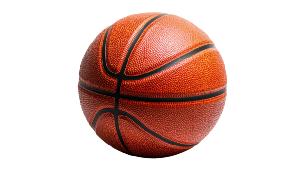 Textured orange basketball with black stripes on a black background