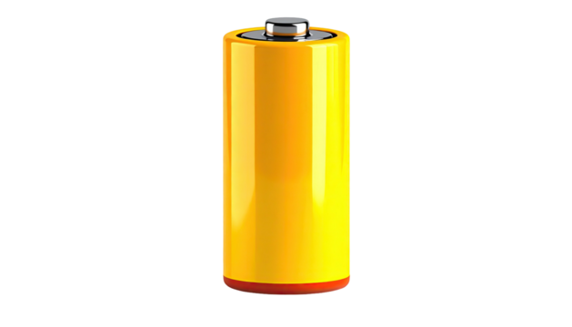 Upright yellow battery with red band on black background