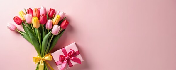 Colorful tulip bouquet rests beside pink gift box tied with ribbon on pale pink backdrop. Perfect for spring holiday, Mothers Day, Valentines, or wedding invitations. Great for event promos.
