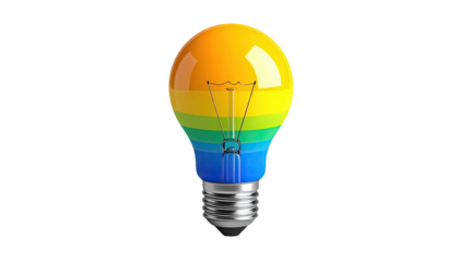 Lightbulb radiates rainbow stripes on black. Idea is colorful