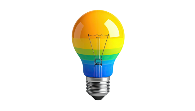 Lightbulb radiates rainbow stripes on black. Idea is colorful