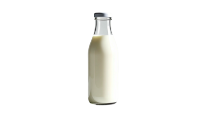 Milk in a clear glass bottle with a silver cap, black background