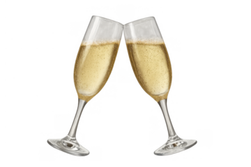 Champagne flutes clinking for a festive toast. Two glasses of sparkling wine celebrating success, holidays, or wedding