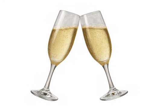 Champagne flutes clinking for a festive toast. Two glasses of sparkling wine celebrating success, holidays, or wedding