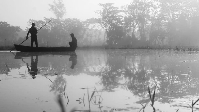 Beautiful view of an asian adult male yong boatman rowing a wooden boat with a bamboo stick across. A man in the middle of the lake Boat during morning fishing close-up Video.