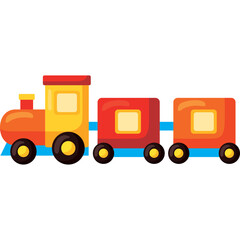 Colorful cartoon toy train with engine and two carriages isolated on a white background with bright lighting and a playful design