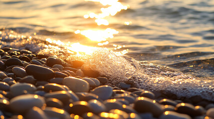 Golden sunlight glimmers on smooth beach pebbles and gentle waves, bringing a sense of peace and tranquility to your seaside escape