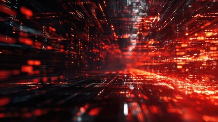 Digital data flowing through red futuristic network tunnel