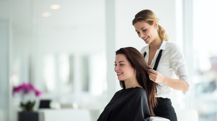 Obraz premium A beautifull woman is getting her hair cut by professional stylist hairdresser , smiling and laughing in the beauty salon. 