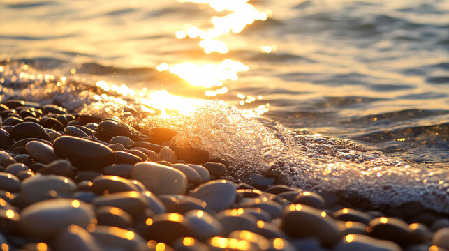 Golden sunlight glimmers on smooth beach pebbles and gentle waves, bringing a sense of peace and tranquility to your seaside escape - Powered by Adobe