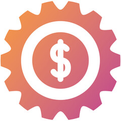 Dollar sign inside a gear mechanism with a smooth orange to pink gradient background representing financial success and economic growth concept