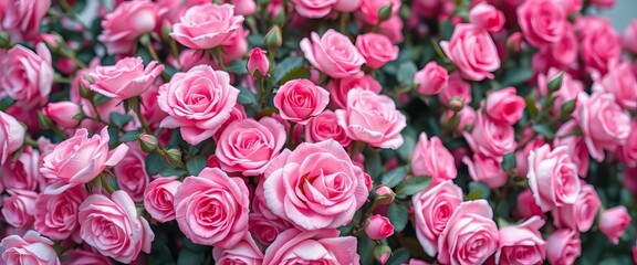 A lush bouquet of pink roses fills the frame, soft focus background,  floral wallpaper,  floral
