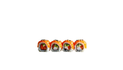 Four sushi rolls, salmon topping, isolated on a black background