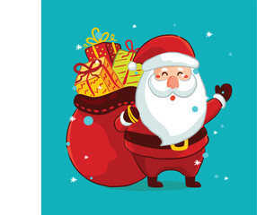 Art & Illustration of cartoon Santa Claus with gift bag on his shoulder