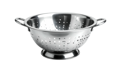 Metal colander, curved handles, perforated, isolated on black