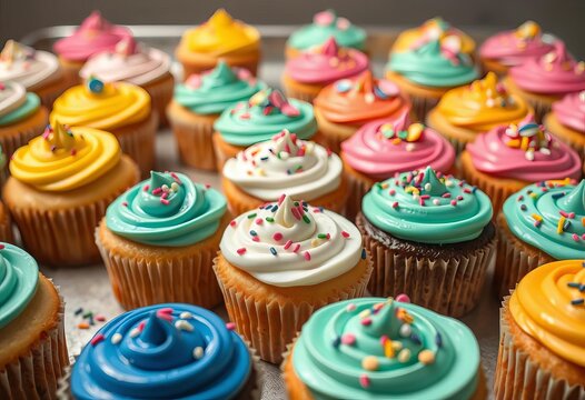 Assorted cupcakes with colorful frosting and sprinkles on a baking sheet,  orange,  edible