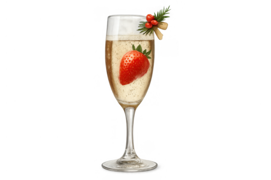 Champagne flute with strawberry and festive holiday garnish, celebrating new year christmas or special occasion